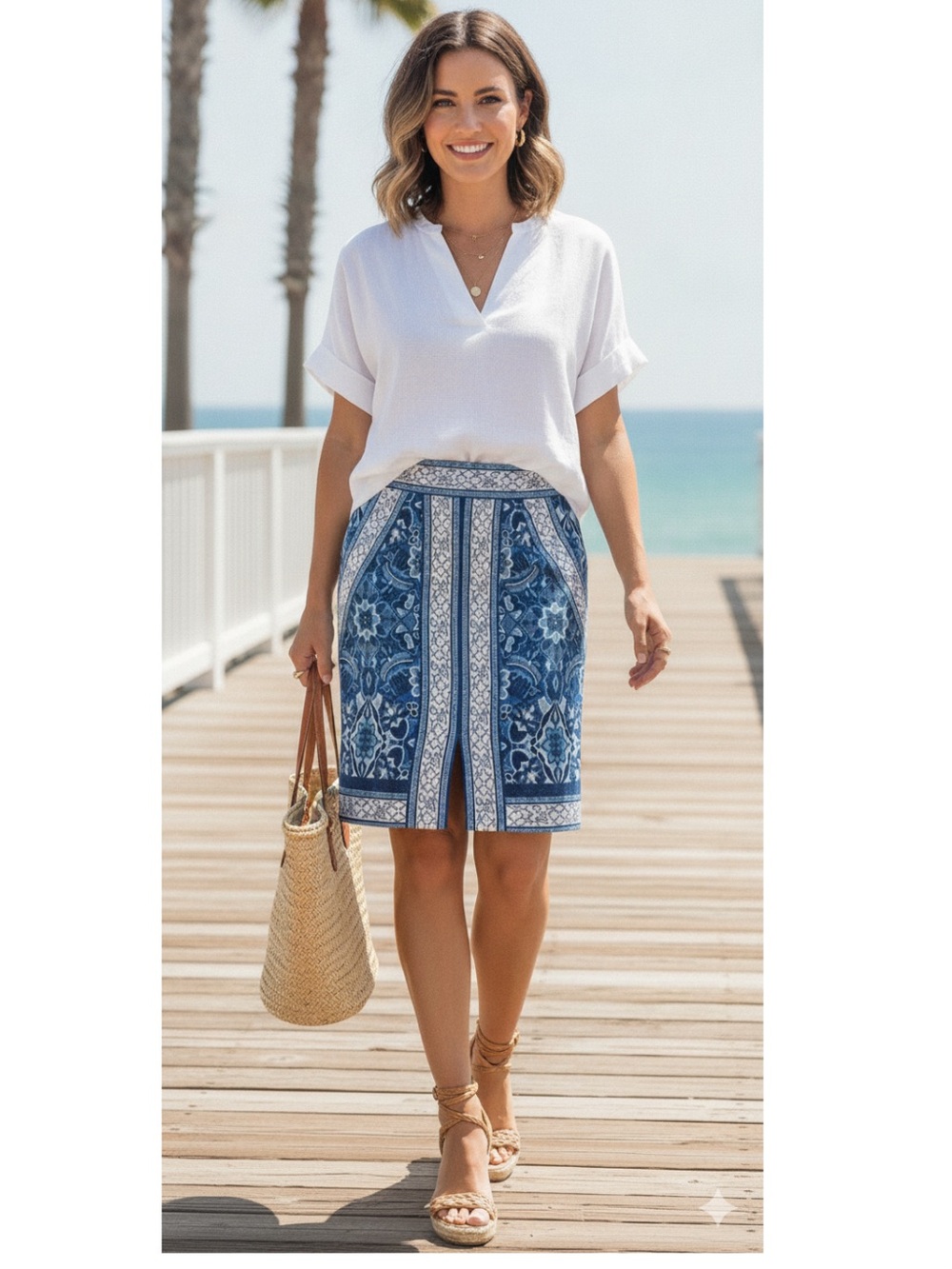 LOFT Mosaic Blue Greek Tile Front Slit Pencil Skirt High Waist Office Siren 6